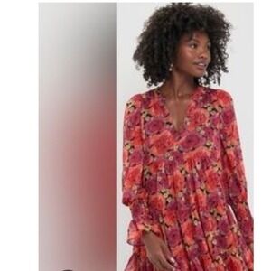 Pomander Place Floral Tiered Mini Dress Orange Pink Metallic Long Sleeve NEW